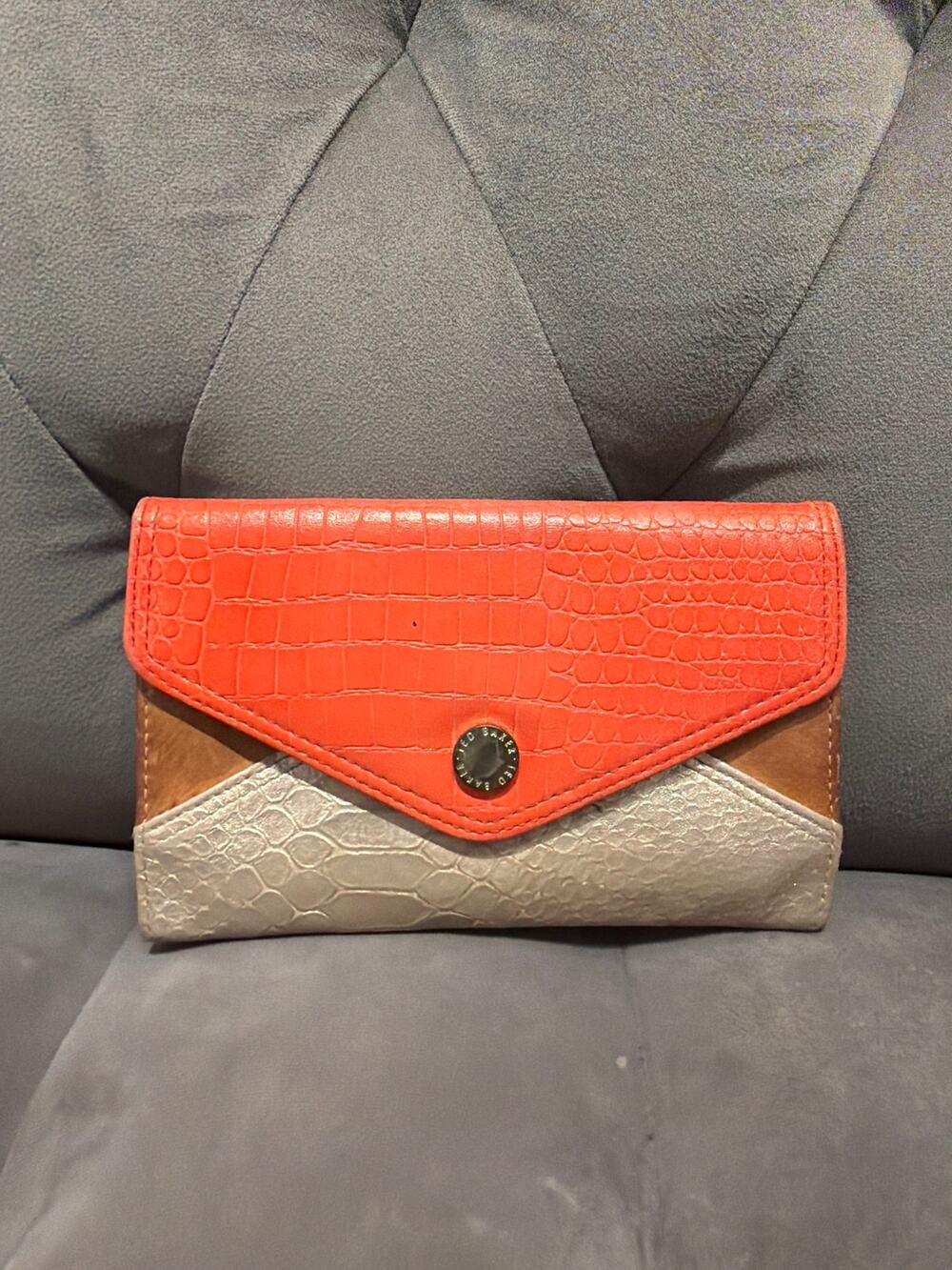 Orange Color Block Crocodile Embossed Envelope Wallet Clutch Snap Closure